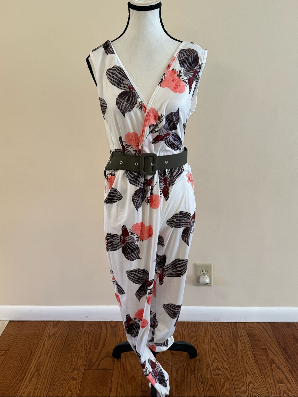 Floral Wrap Jumpsuit with Olive Belt - White/Pink size Large